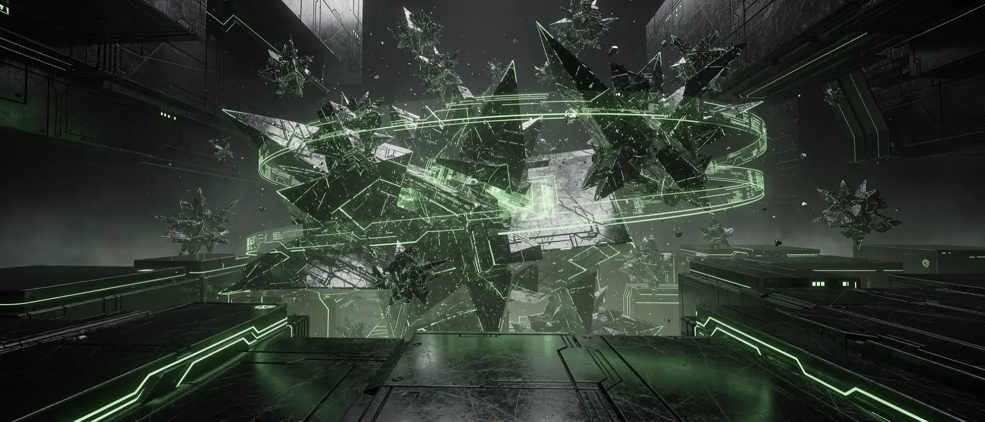 Hyperrealistische Cyberpunk-Visualisierung mit schwebenden holografischen Geometrien und pulsierenden neon-grünen Energieströmen in dunkler Industrieatmosphäre.