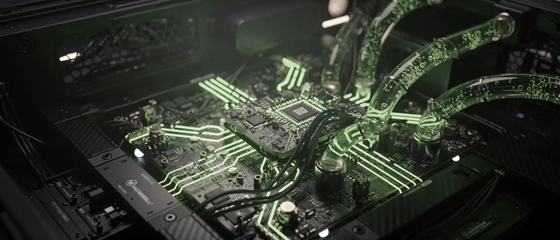 Nahaufnahme einer futuristischen Cyberpunk-GPU auf einem schwarzen Mainboard mit leuchtend neongrünen Schaltkreisen und Flüssigkühlung.
