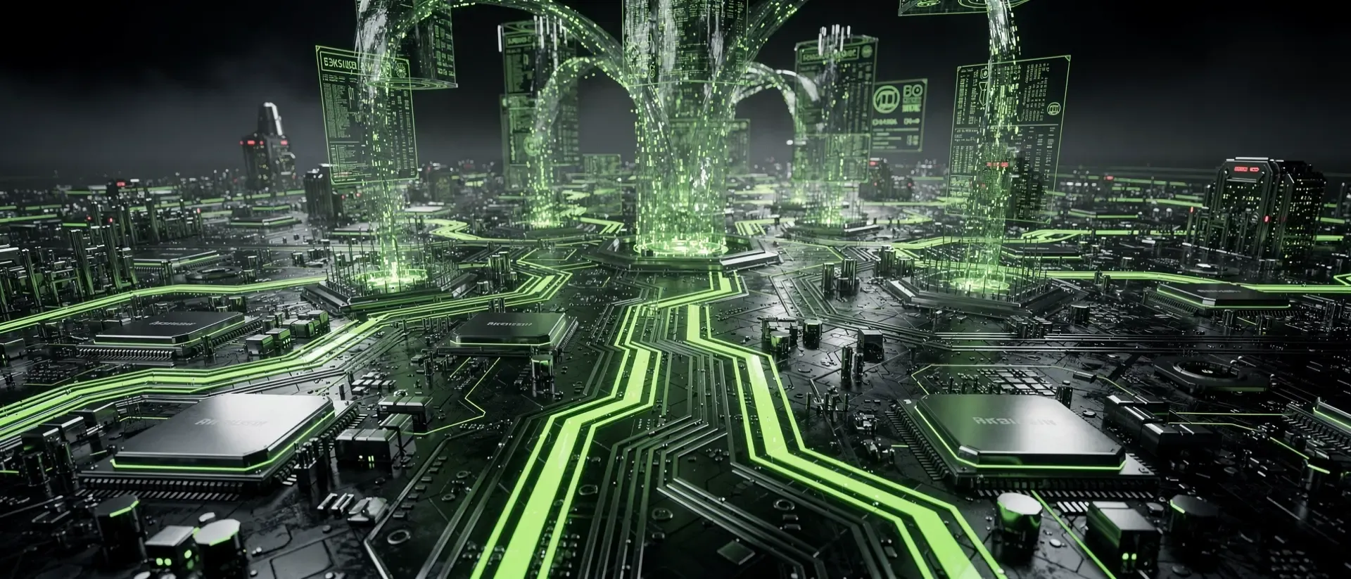 Ultrabreiter 21:9 Cyberpunk-Motherboard-Landschaft, grüne Schaltkreise und Datenströme, ohne Text, auf dunklem, schattigem Hintergrund.