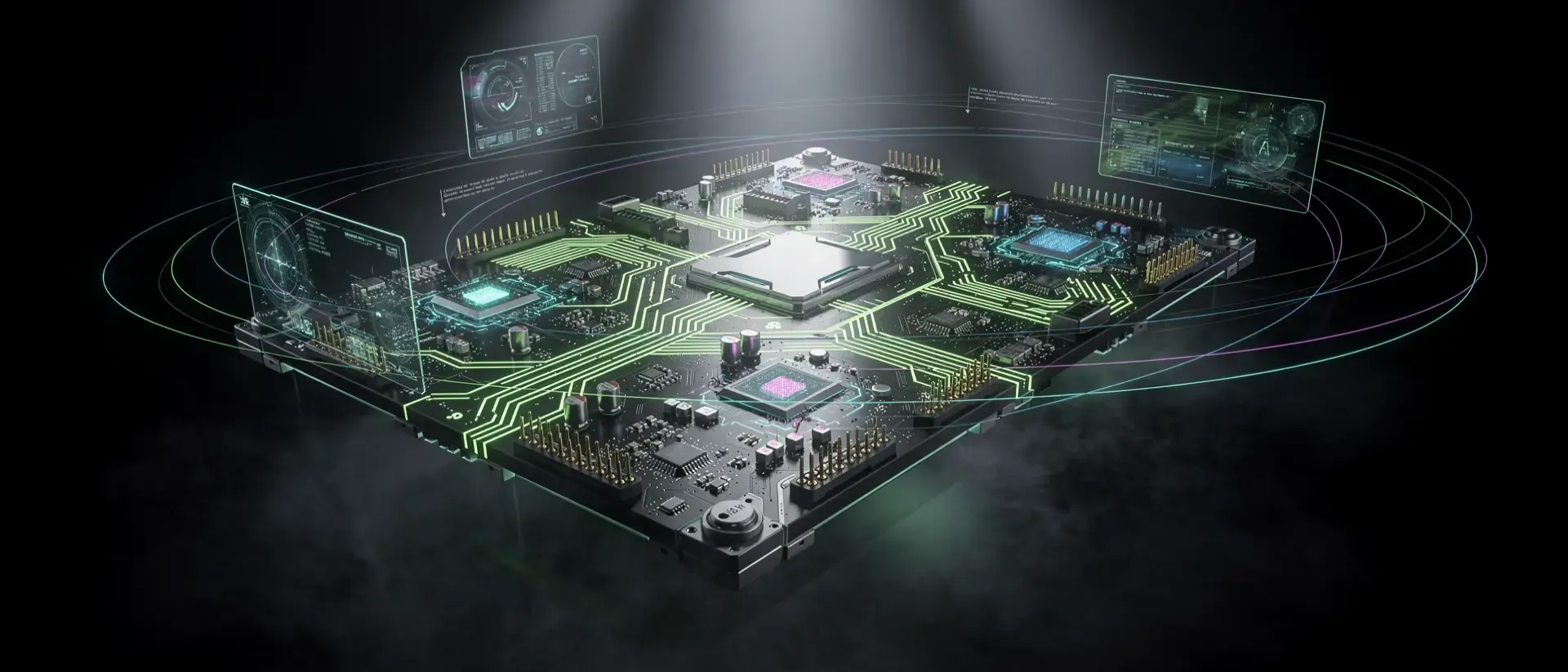 Ein futuristisches Motherboard schwebt in einer schwarzen Leere, umgeben von pulsierend neon-grünen Schaltkreisen und digitalen Hologrammen.