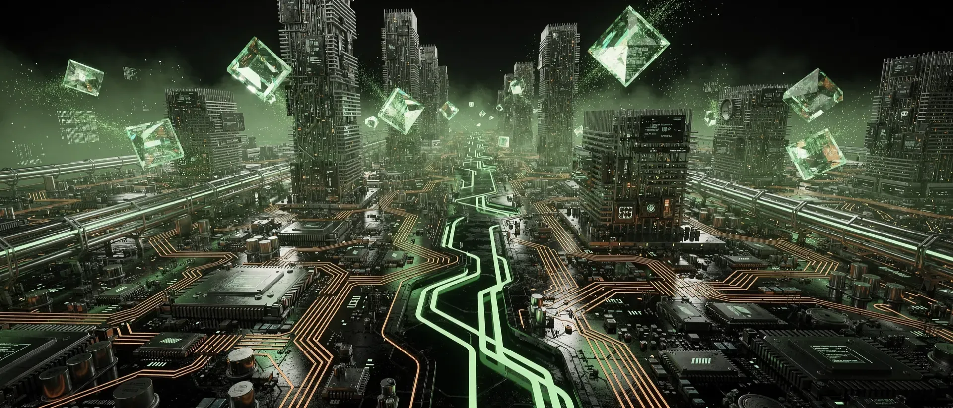 Eine futuristische Cyberpunk-Motherboard-Landschaft mit leuchtend grünen Schaltkreisen, Mikrochip-Wolkenkratzern und holografischen Datenkristallen.