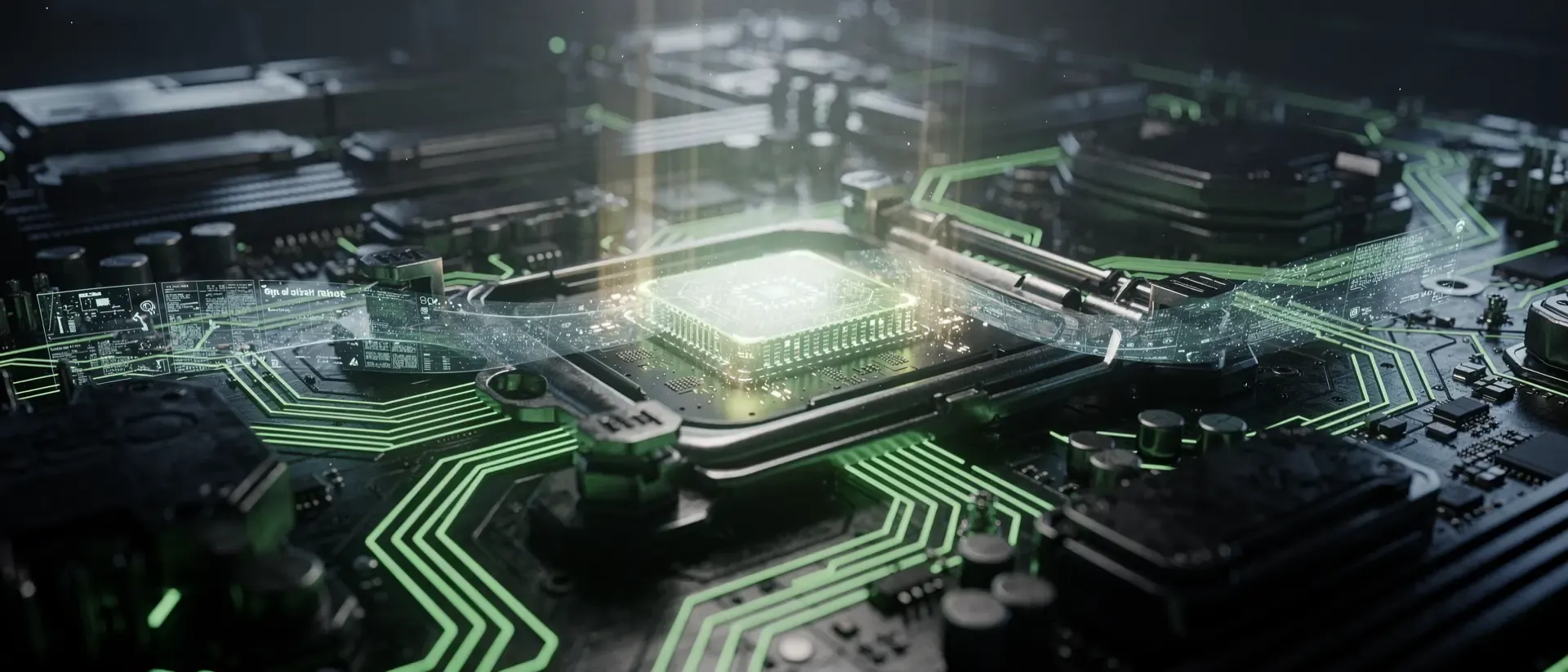 21:9‑Bild einer Motherboard‑CPU‑Socket mit neon‑grünen Stromadern, dunklem Obsidian‑Metall, fokussiert auf einen Mikrochip.