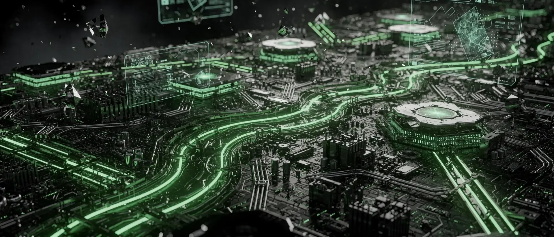 Nahaufnahme einer futuristischen Cyberpunk-Platine mit leuchtenden neongrünen Schaltkreisen und digitalen Hologrammen auf tiefschwarzem Hintergrund.