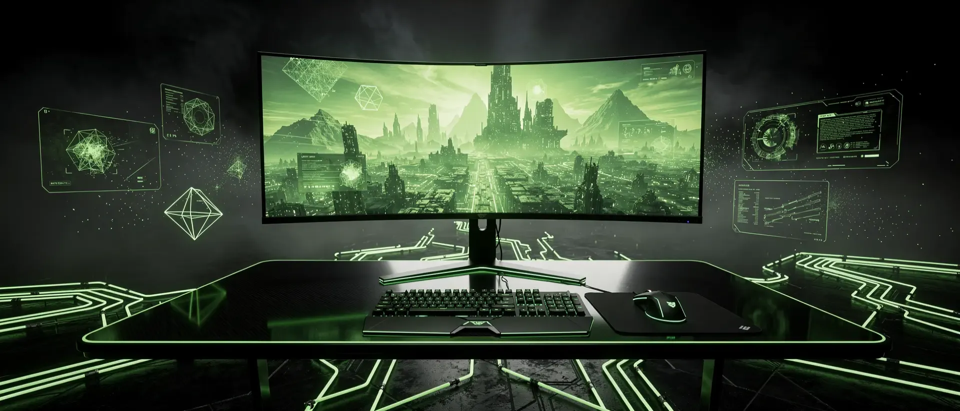 Futuristisches Gaming-Setup im Cyberpunk-Stil mit einem gewaltigen, neongrünen Super-Ultrawide-Monitor in einer dunklen, technologischen Umgebung.