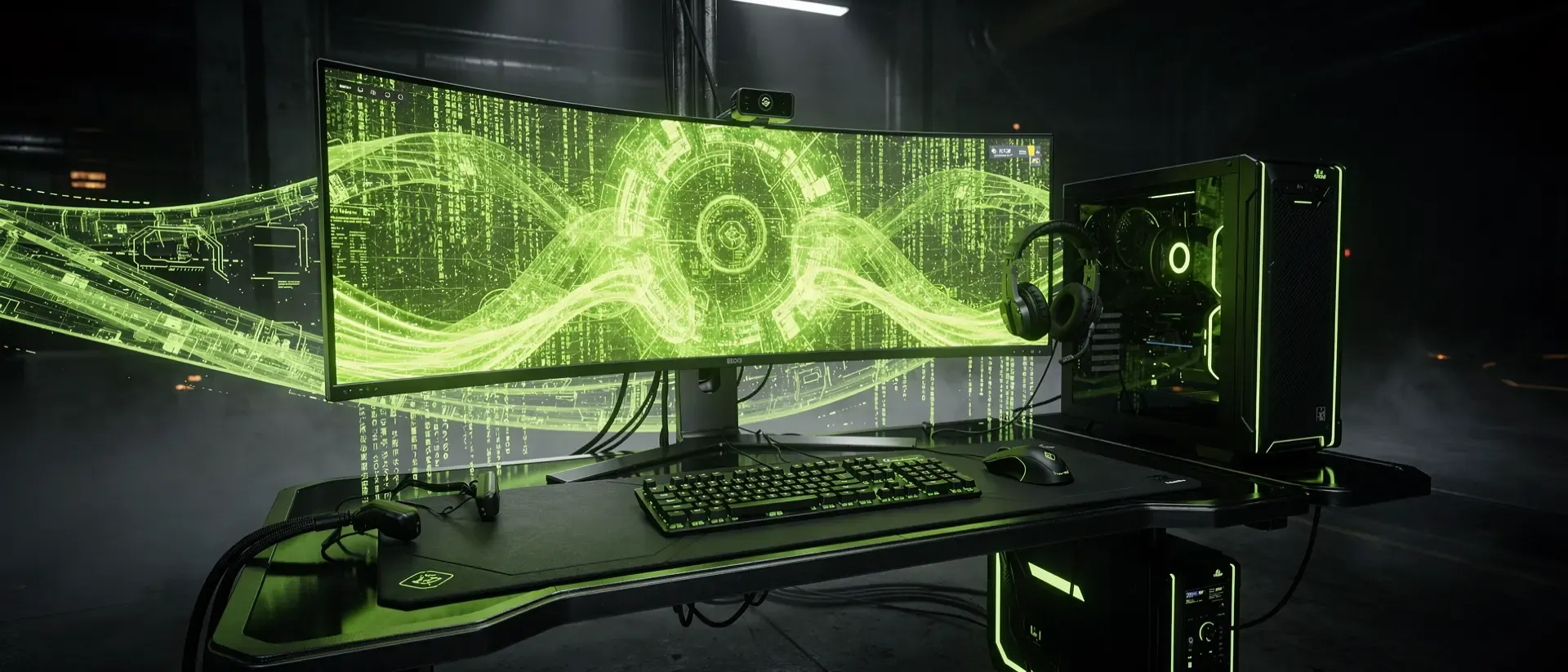 Futuristisches Cyberpunk-Gaming-Setup in einer dunklen Industrieumgebung mit einem leuchtenden, neongrünen Ultrawide-Monitor und holografischen Effekten.