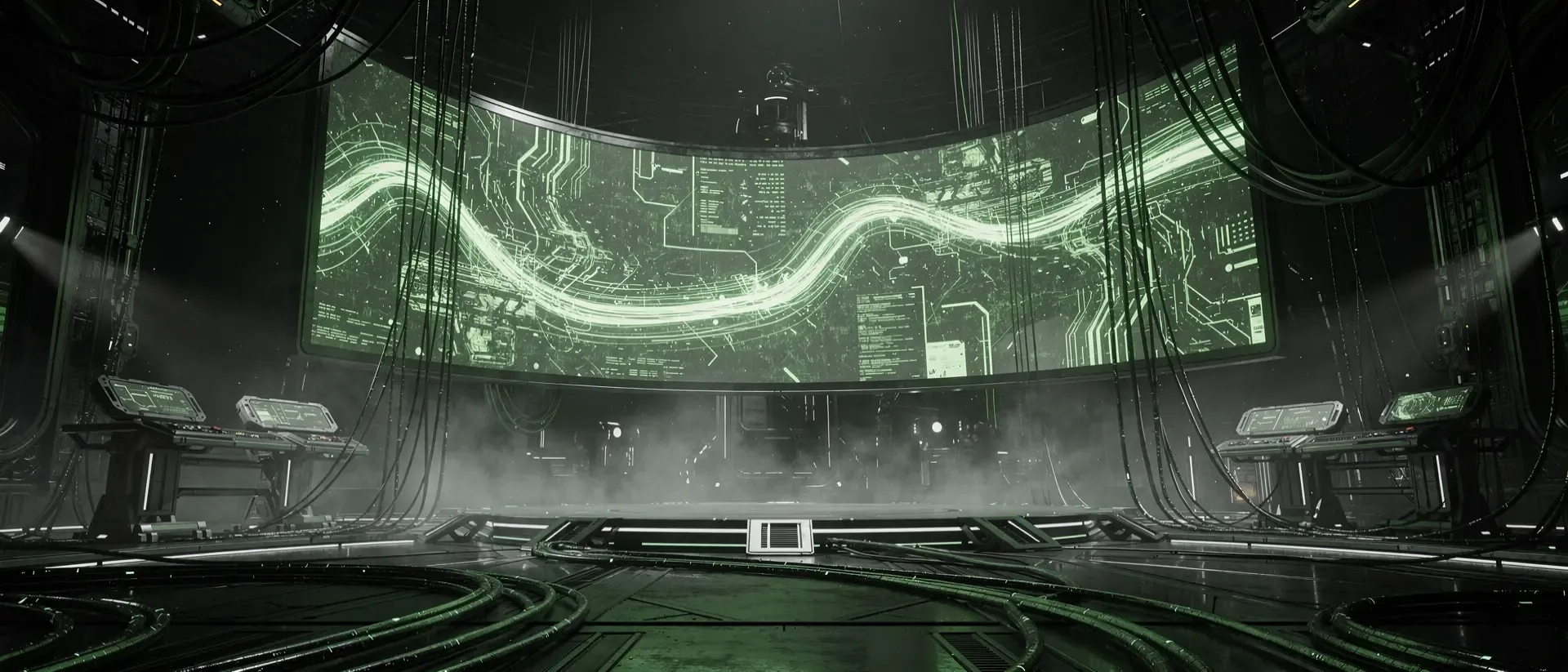 Ein futuristischer Cyberpunk-Heiligtum mit einem riesigen holografischen Bildschirm und leuchtend neongrünen Datenströmen in einer dunklen Leere.