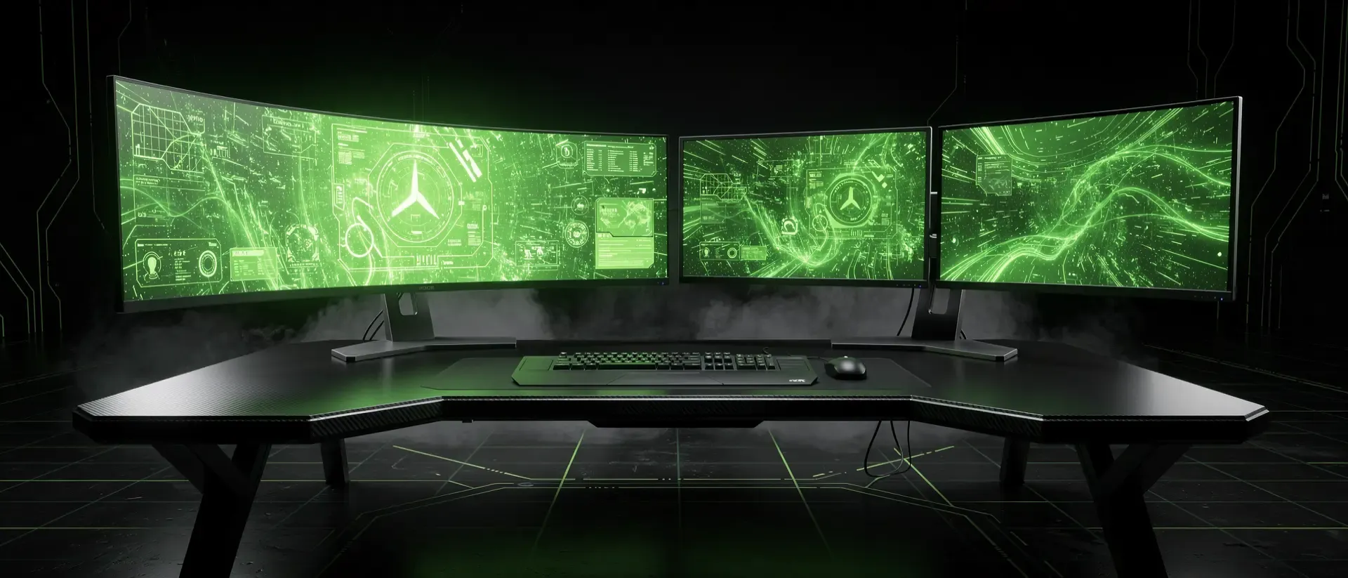 Vergleich eines futuristischen Cyberpunk-Arbeitsplatzes mit einem nahtlosen Curved-Monitor links und zwei getrennten Monitoren rechts in Neon-Grün.