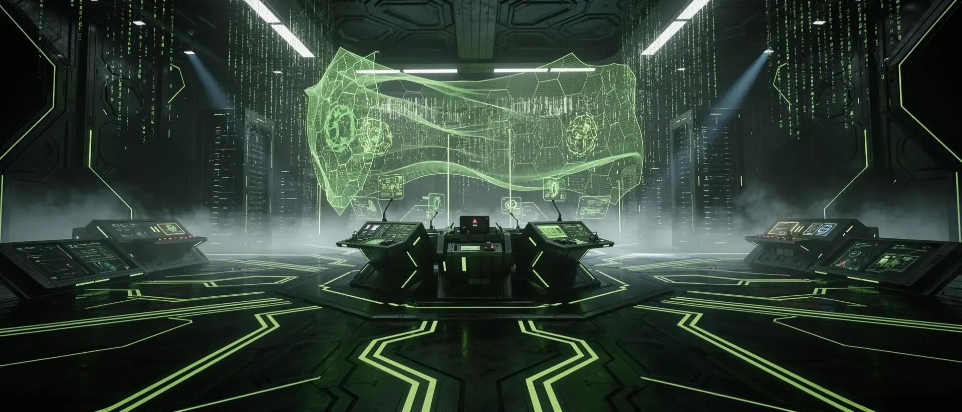 Futuristisches Cyberpunk-Gaming-Zentrum in dunklen Schatten mit leuchtend neongrünen Schaltkreismustern und einem holografischen Schutzschild.