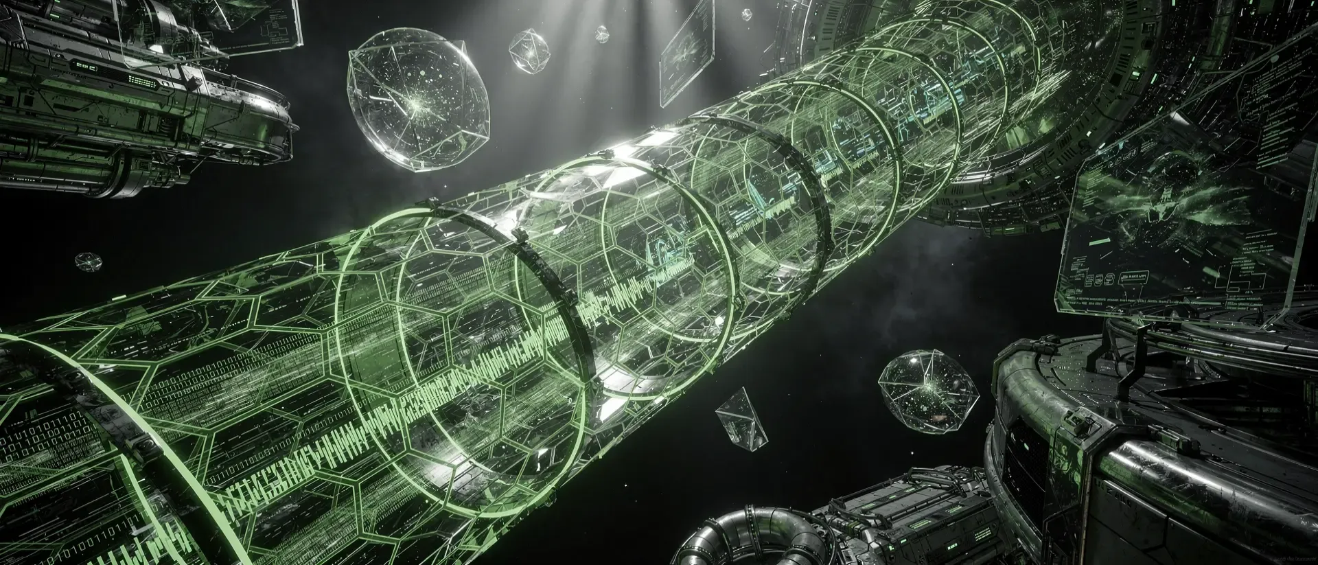Futuristische Cyberpunk-Landschaft mit einem leuchtend neongrünen, hexagonalen Datentunnel aus Licht und Schaltkreismustern in tiefschwarzer Leere.