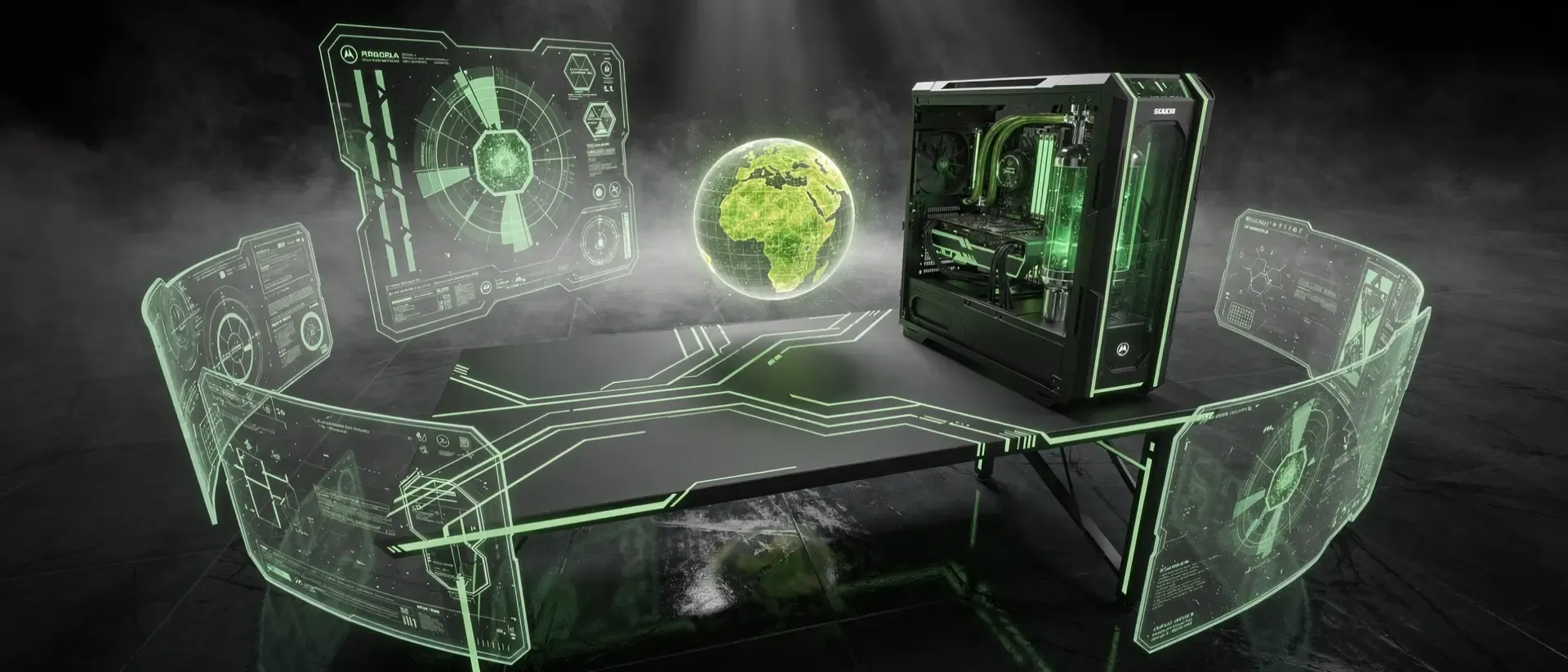 Futuristisches Cyberpunk-Gaming-Setup mit neon-grünen Hologrammen, digitalen Schilden und leuchtenden Schaltkreisen auf einem schwarzen Schreibtisch.