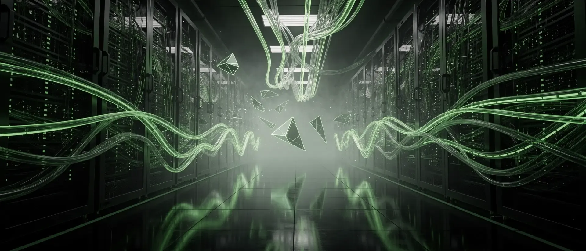 Futuristisches Cyberpunk-Rechenzentrum mit leuchtend neongrünen Glasfaserkabeln, holografischen Datenstrukturen und glänzenden schwarzen Oberflächen.