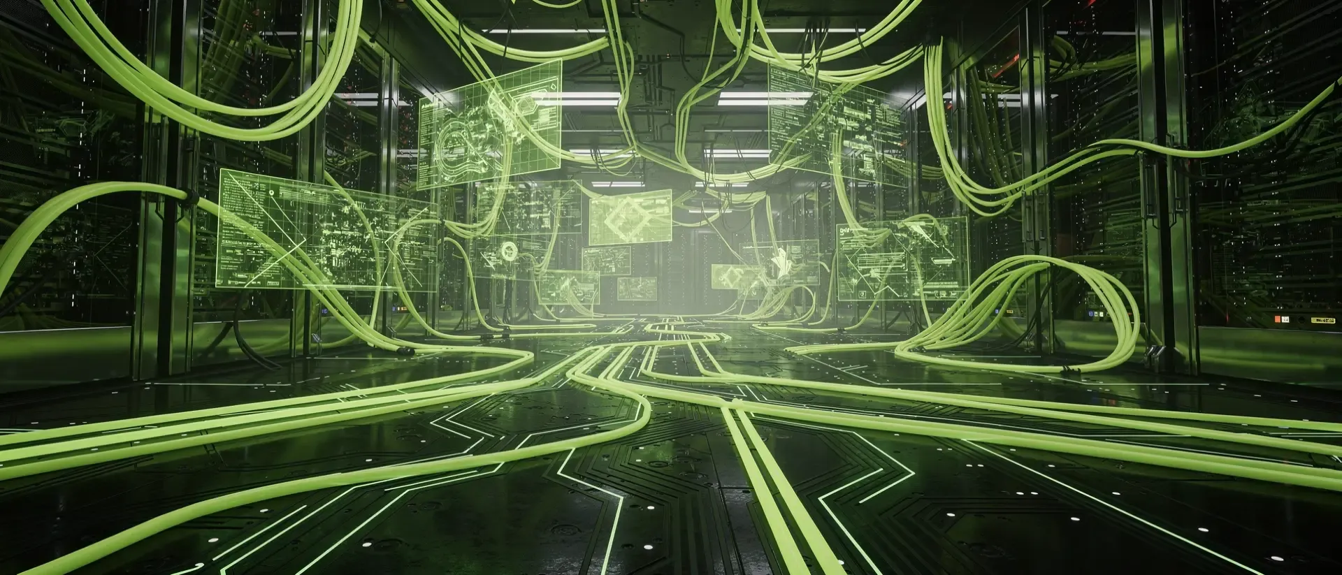 Futuristisches Cyberpunk-Rechenzentrum mit leuchtend neongrünen Glasfaserkabeln, holografischen Datenströmen und digitalen Schaltkreisen auf dunklem Boden.
