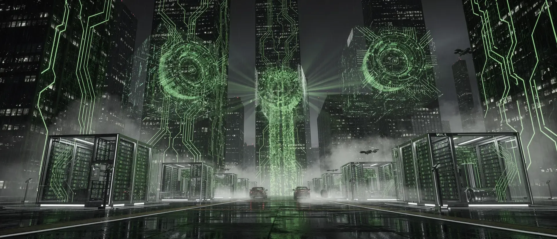 Ultrawide nächtliche Cyberpunk-Metropole: dunkle Hochhäuser, grüne Neon‑Schaltkreise, schwebende holographische CPU‑Kerne, Spiegelstraße im Nebel.