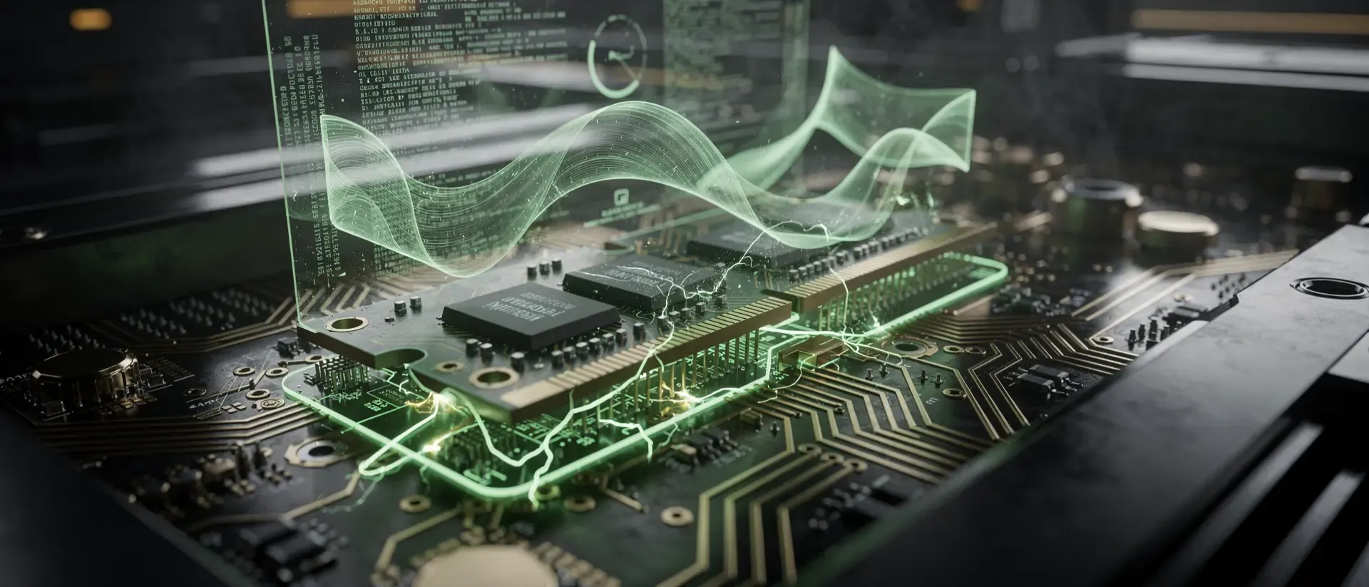 Detailaufnahme einer neongrün leuchtenden Speichermodul in dunklem Cyberpunk-Labor mit holografischen Datenströmen und grünen Strombögen.