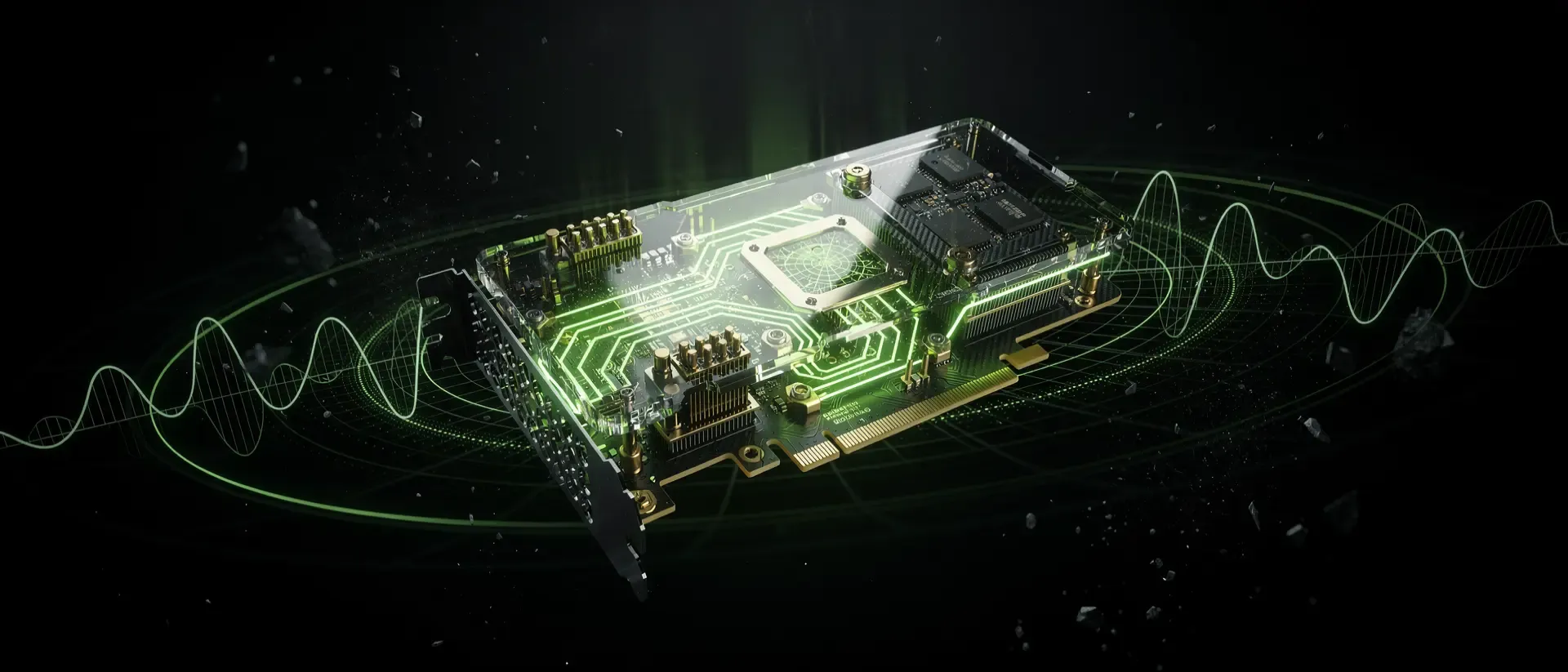 21:9‑Cinematic‑Bild: schwebende GPU im schwarzen Vakuum, neongrüne Schaltwege, gold‑karbonische Bauteile, holografische Wellenmuster.