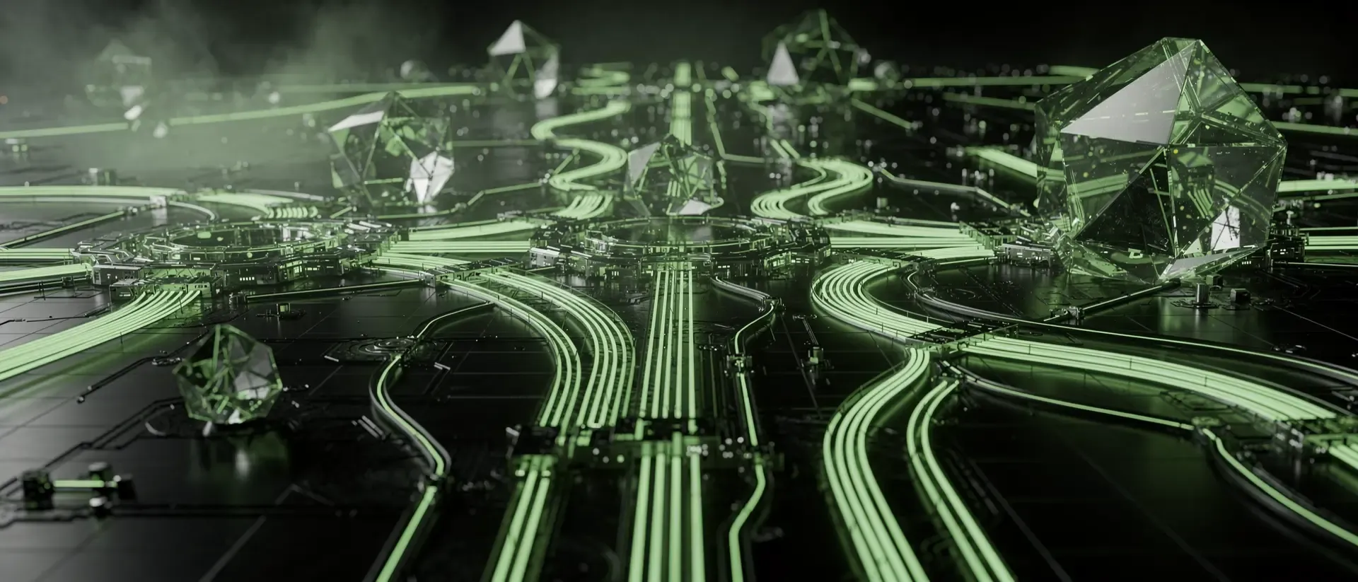 Ultrawide21:9‑Render zeigt neon‑grüne Glasfaser‑Adern im schwarzen Void, die Datenströme optimieren und kristalline Strukturen reflektieren.