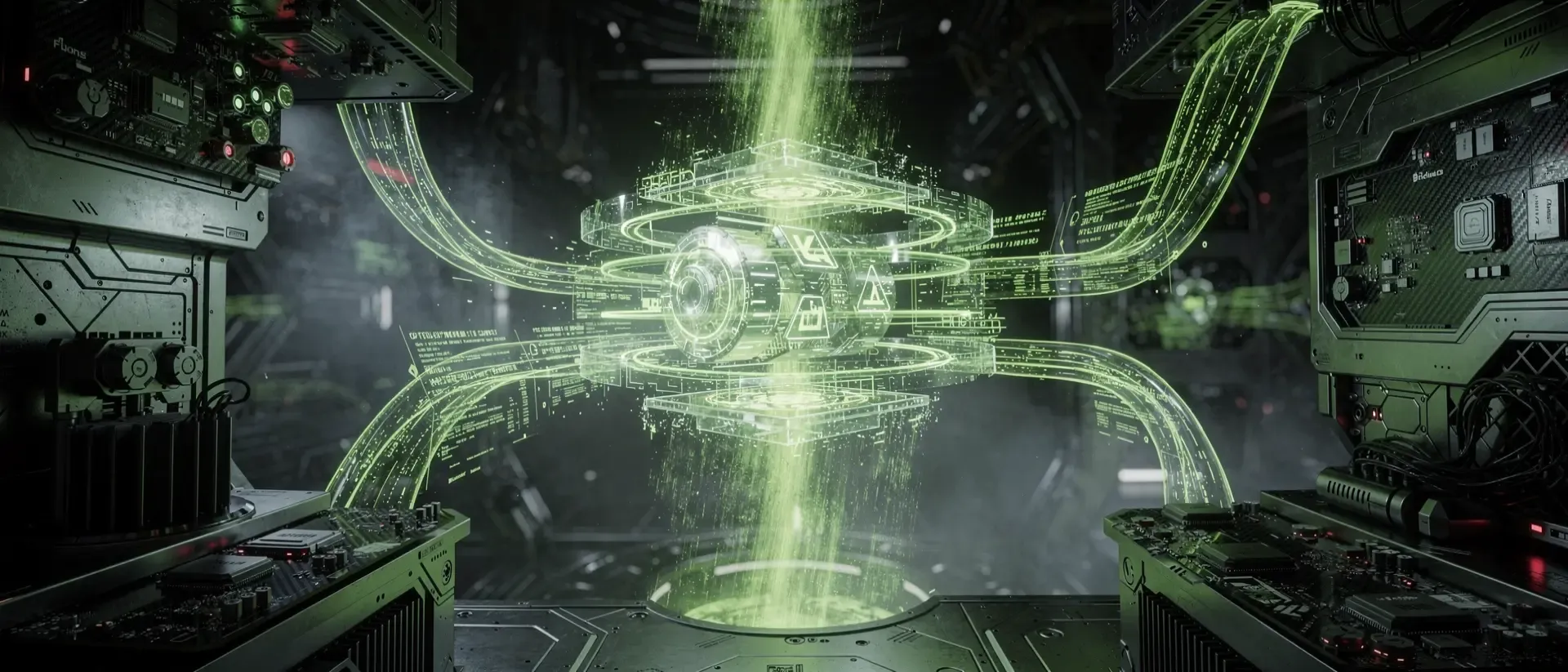 Einfuturistisches Cyber‑Lab mit schwebendem holografischem Prozessor‑Kern, leuchtenden grünen Stromleitungen, dunklen Schatten und Nebel.