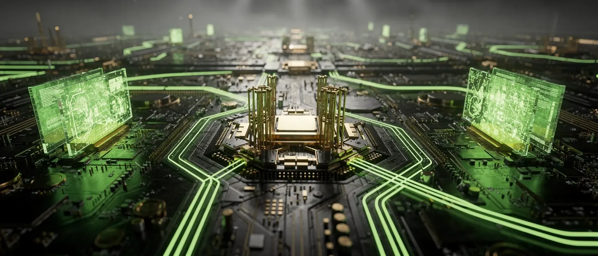 Futuristische Computer-Architektur mit leuchtenden neongrünen Schaltkreisen, goldenen CPU-Sockeln und holografischen RAM-Modulen auf dunklem Grund.