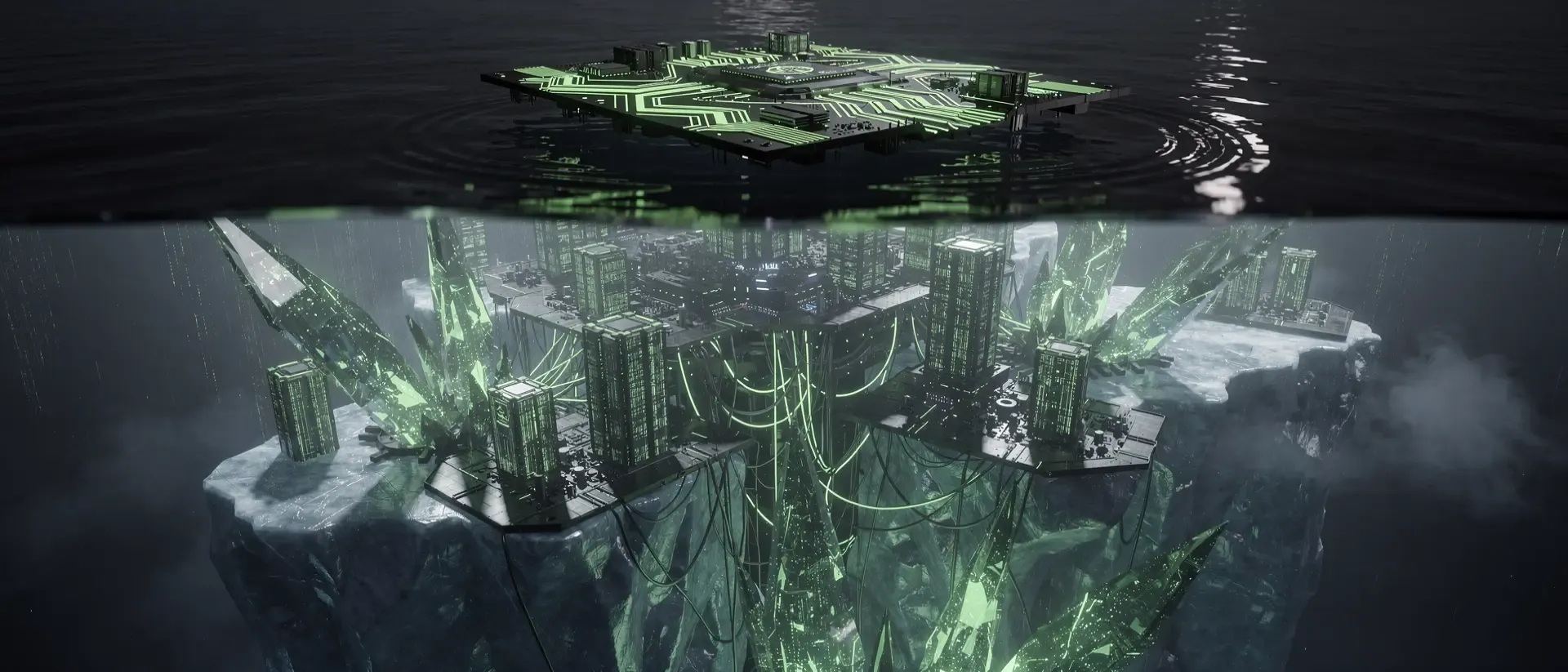 Ein futuristischer digitaler Eisberg mit einer leuchtend neongrünen Schaltkreisspitze über einer gewaltigen, unter Wasser liegenden Maschinenstadt.