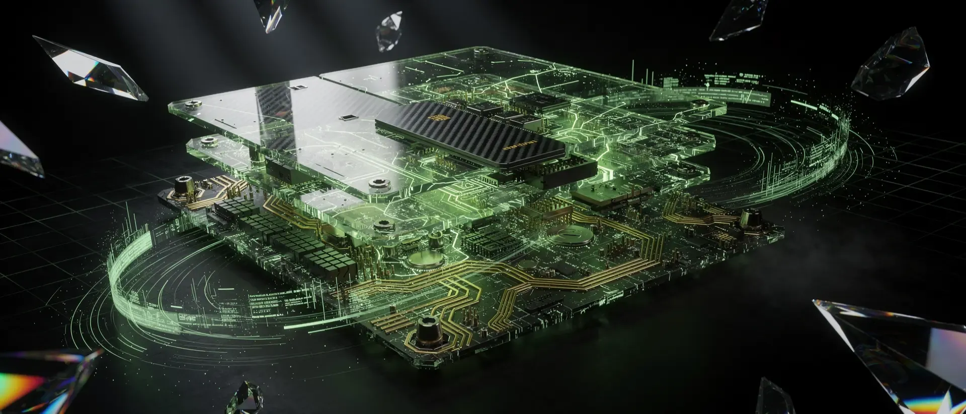 Eine futuristische, halbtransparente Computerplatine mit leuchtend neongrünen Schaltkreisen und holografischen Datenströmen in einer dunklen Cyberpunk-Welt.