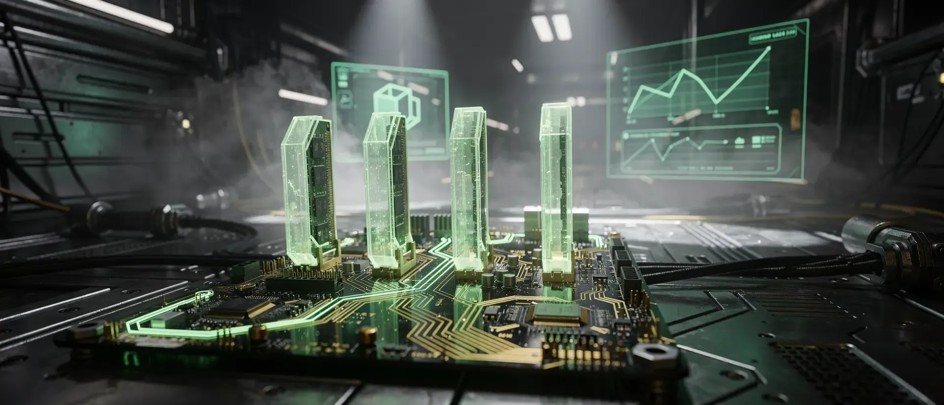 Nahaufnahme eines futuristischen Motherboards mit leuchtend neongrünen Energieimpulsen in einem dunklen, cineastischen Cyberpunk-Labor.