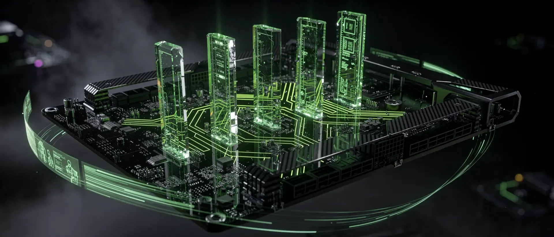 Futuristische Cyberpunk-Hardware in einem dunklen Labor, wobei ein High-Tech-Mainboard mit leuchtend neongrünen Schaltkreisen und Hologrammen schwebt.