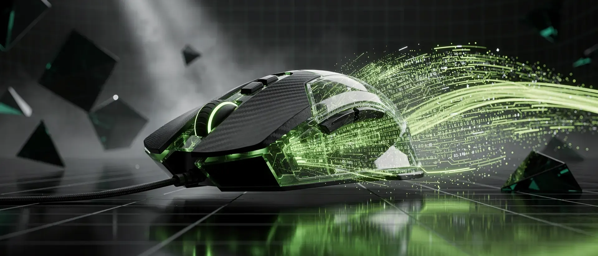 Hyperrealistische Cyberpunk-Gaming-Maus aus Carbon mit leuchtend neongrünen Schaltkreisen und einem rasanten Strom digitaler Datenpartikel.