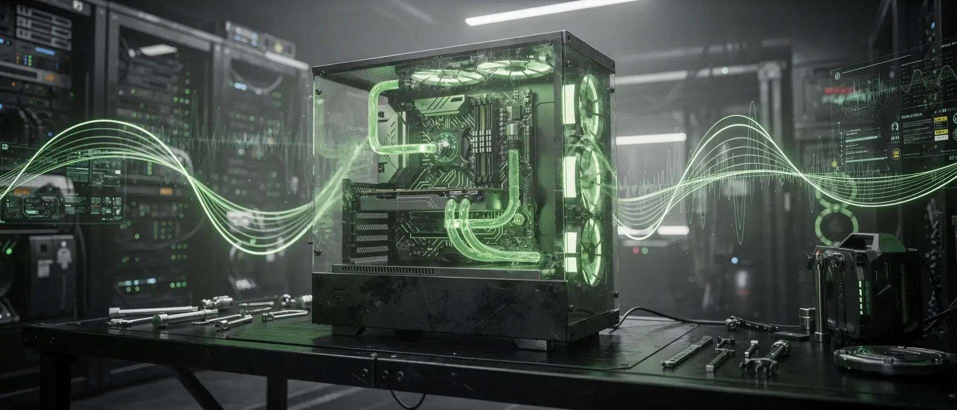 Futuristisches Cyberpunk-Labor mit einem transparenten Gaming-PC, neongrünen Kühlleitungen und schwebenden holografischen Datenströmen in dunkler Atmosphäre.