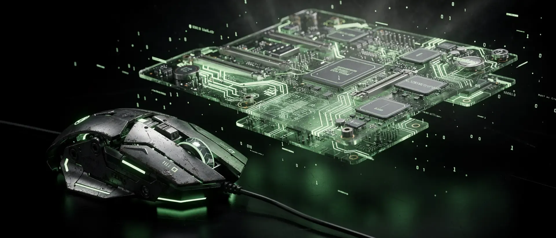 Nahaufnahme einer futuristischen Cyberpunk-Workstation mit einer mechanischen Maus und schwebenden holografischen Platinen in leuchtendem Neon-Grün.