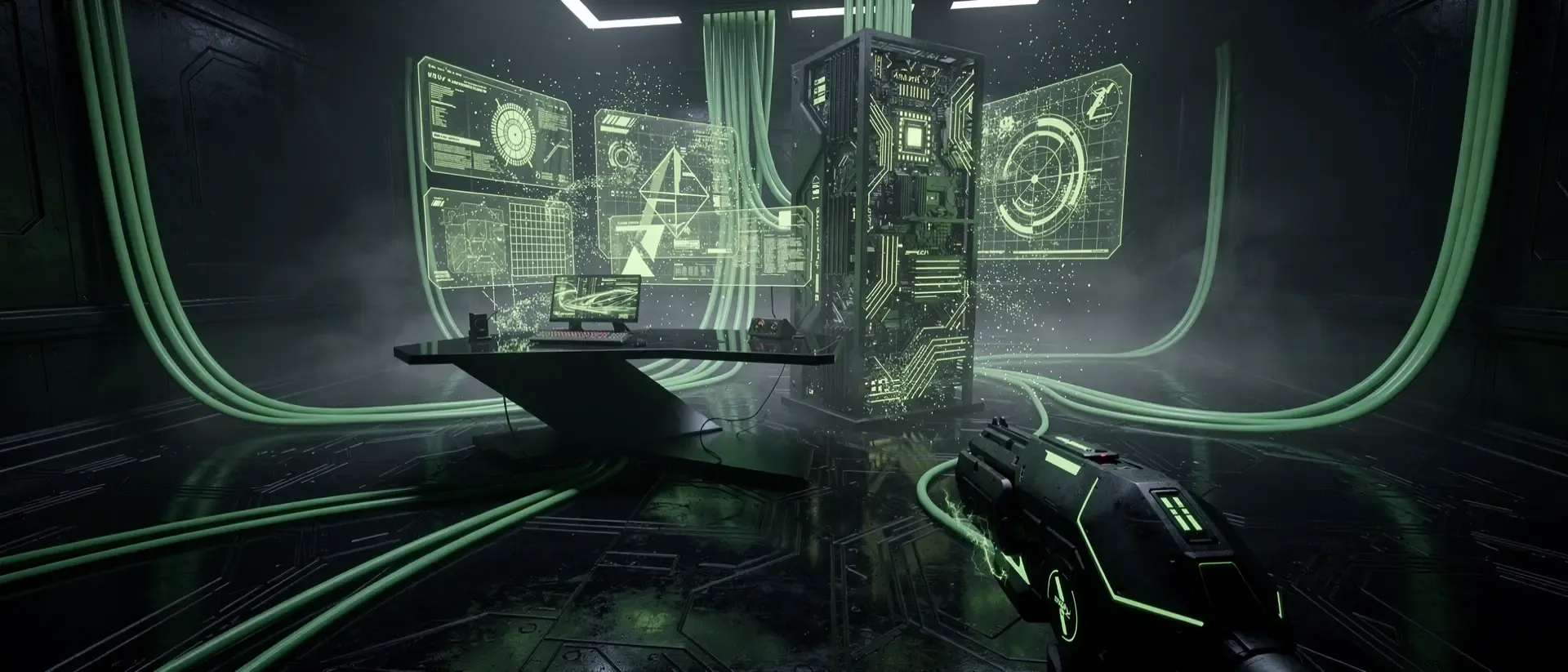 Ein futuristischer Cyberpunk-Gaming-Arbeitsplatz mit leuchtend neongrünen Hologrammen, Glasfaserkabeln und technologischen Details in dunkler Atmosphäre.
