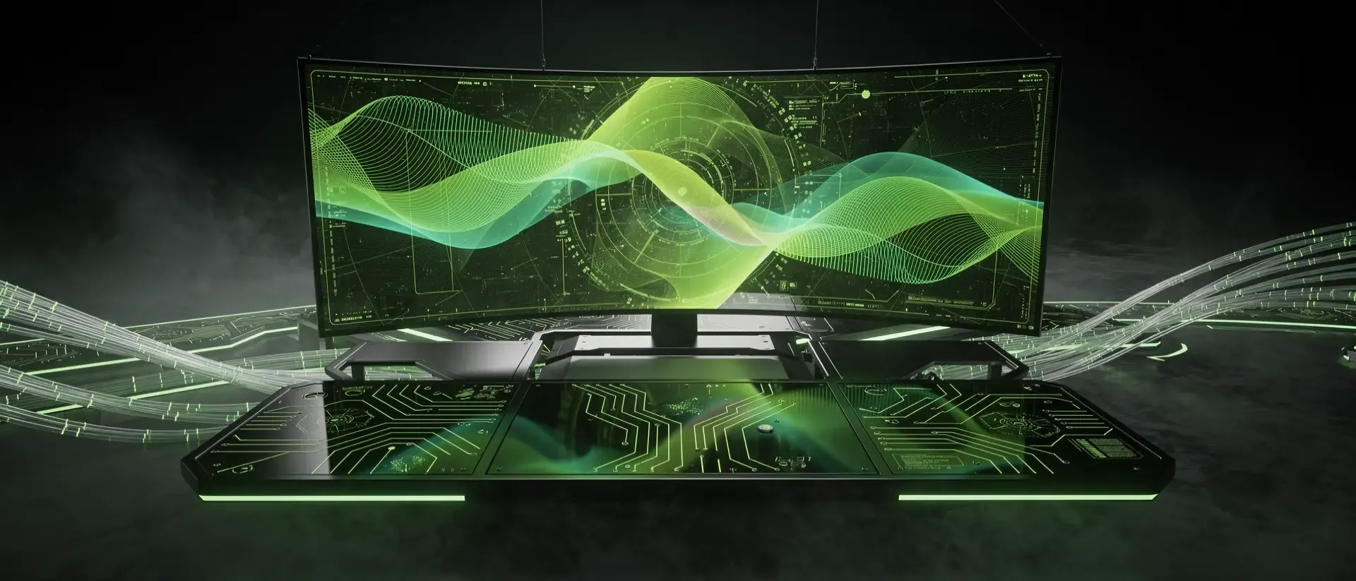 Ein hochmodernes Cyberpunk-Labor mit einem schwebenden holografischen Farbspektrum und leuchtend neongrünen Lichtspuren in einer dunklen Umgebung.