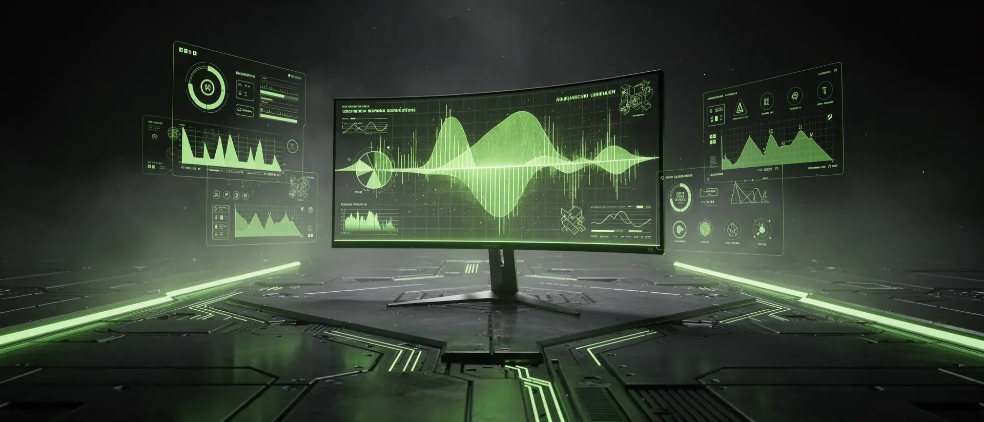 Futuristische Cyberpunk-Gaming-Zentrale mit schwebenden holografischen grünen Wellenmustern in einer dunklen, hochmodernen Umgebung.