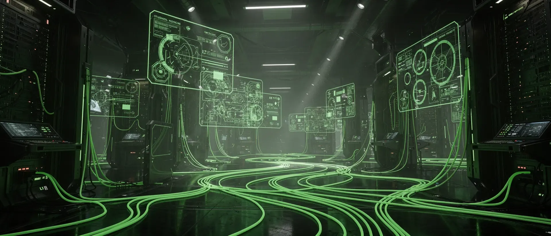 Ein futuristisches, neon-grünes holografisches Interface mit geometrischen Mustern schwebt in einer dunklen, cineastischen Cyberpunk-Umgebung.