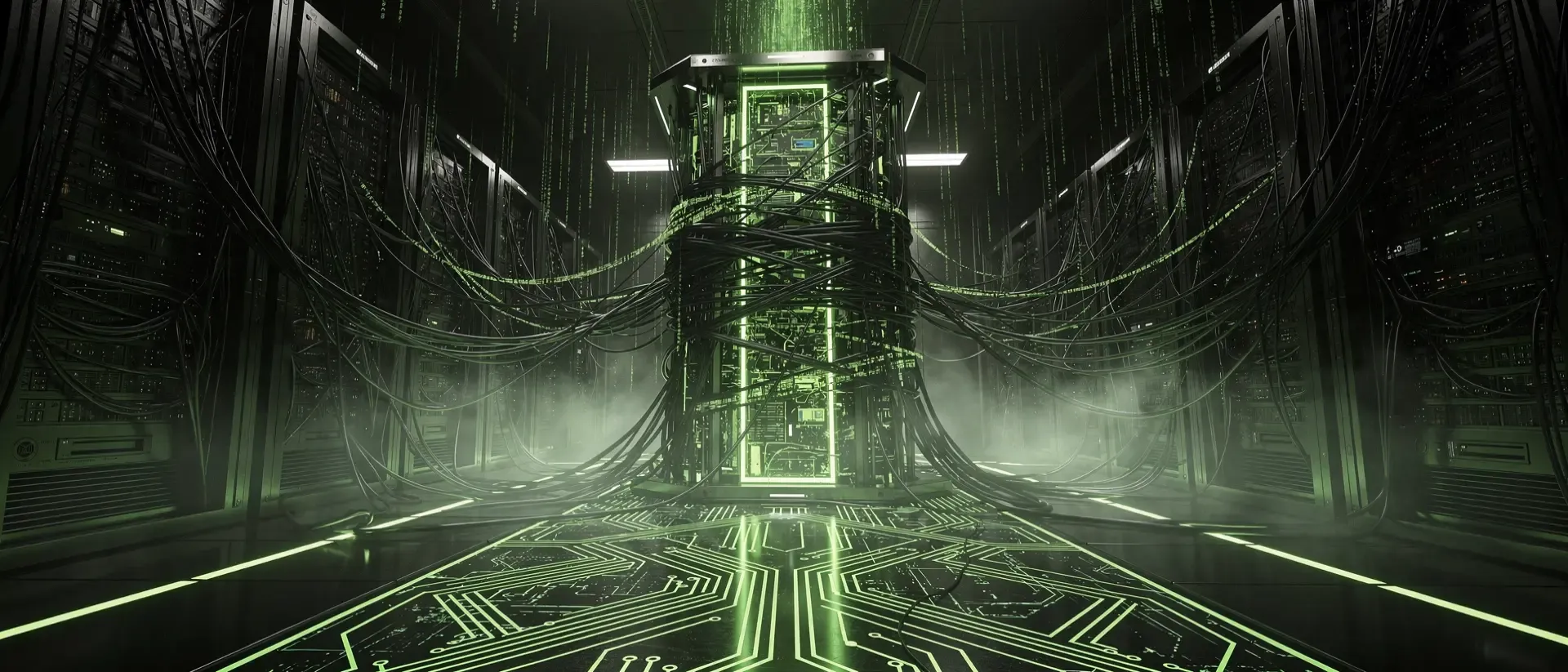 Ein futuristischer Cyberpunk-Serverraum mit einem leuchtend neongrünen Datenkern, der von chaotischen Glasfaserkabeln und Datenströmen umschlungen ist.