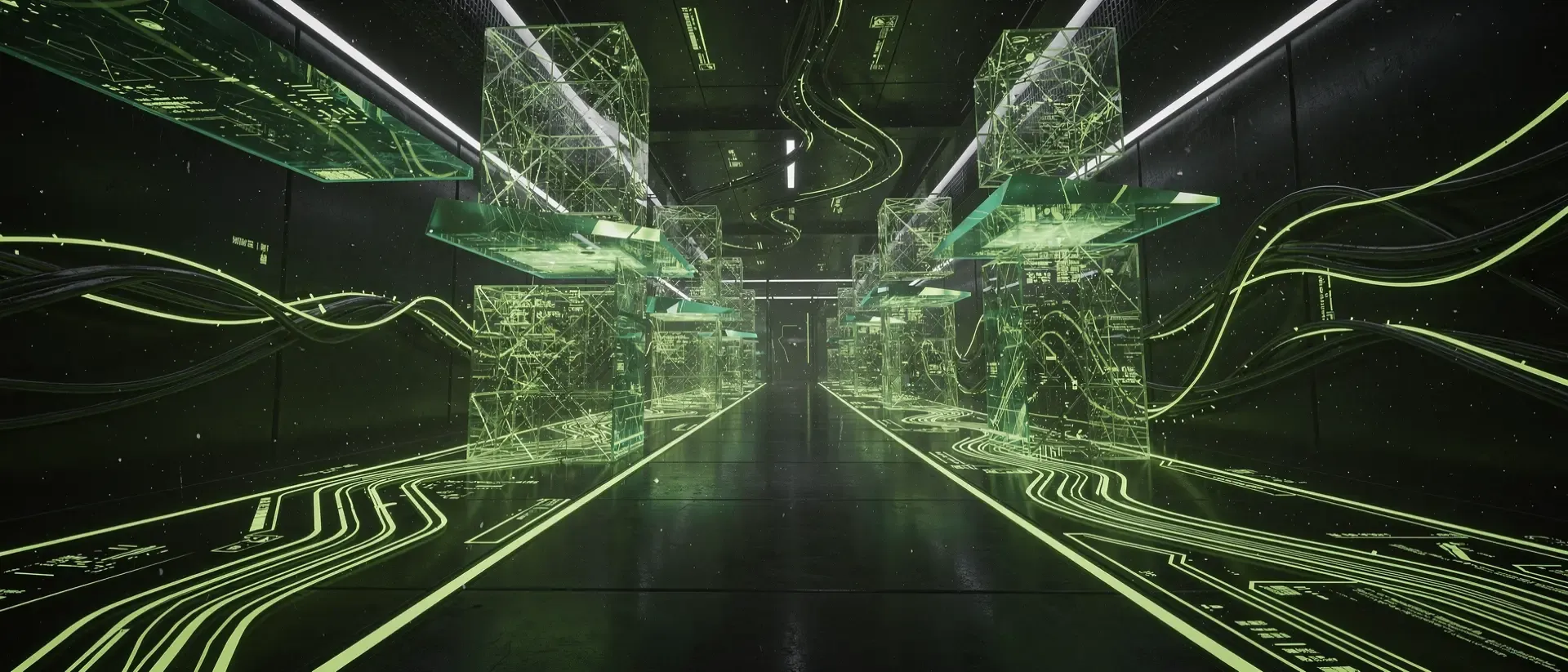 Futuristische Cyberpunk-Serverlandschaft mit leuchtend neongrünen holografischen Schaltkreisen und geometrischen Strukturen in tiefer Dunkelheit.