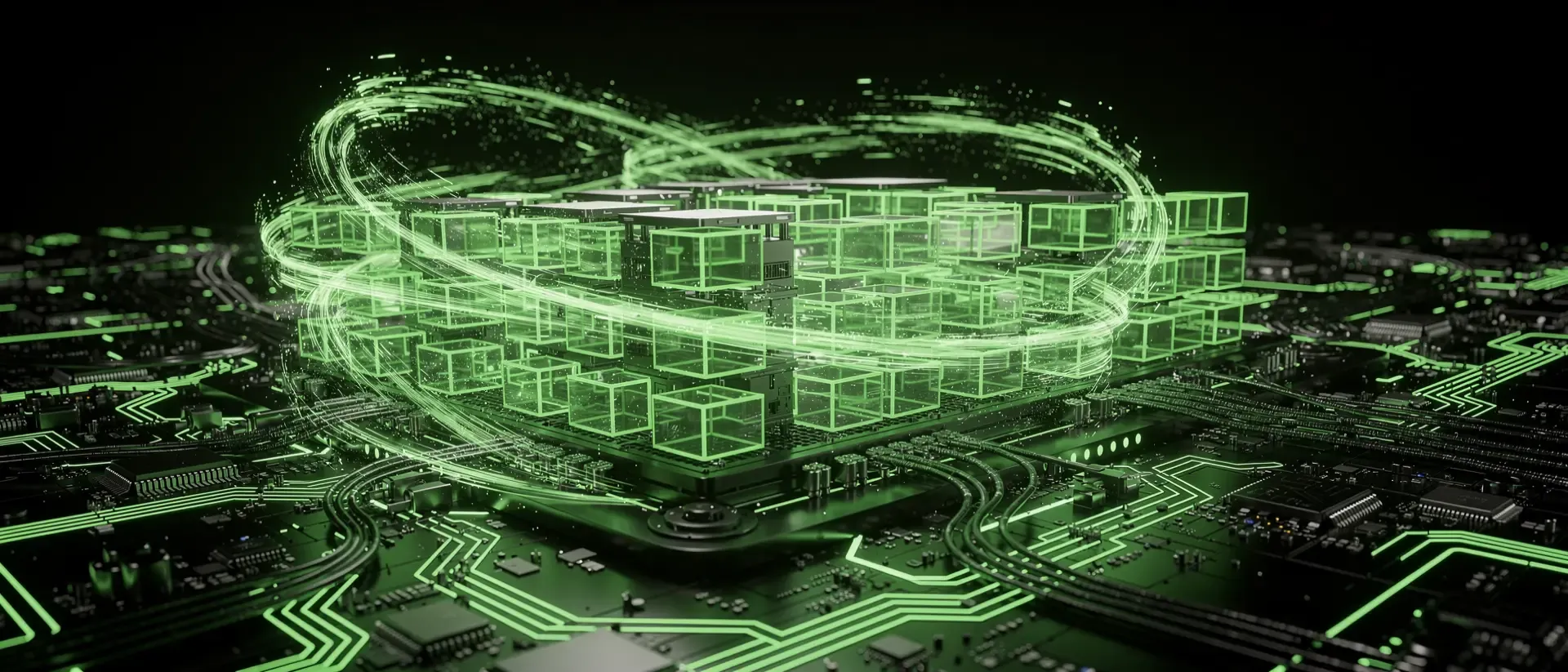 Futuristische, neon-grüne Hologramm-Visualisierung einer SSD-Architektur mit leuchtenden Datenwürfeln und fließenden Energieströmen im Cyberpunk-Stil.