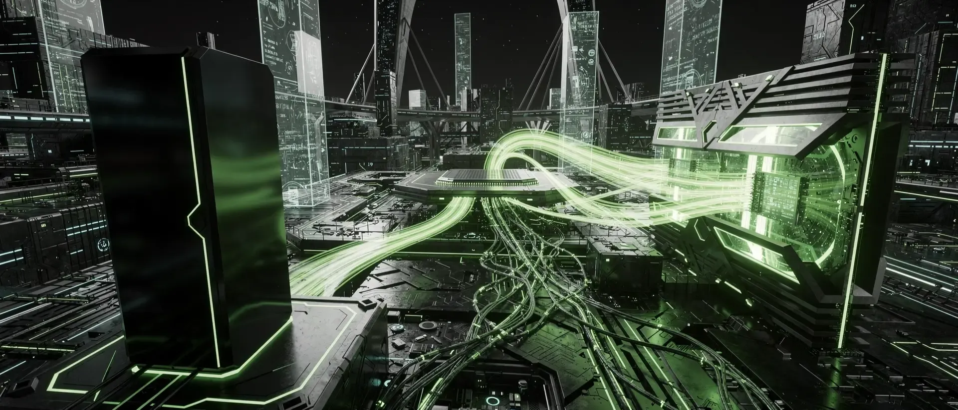 Cyberpunk-Landschaft mit leuchtenden, neon-grünen Datenströmen, die von einem obsidianfarbenen SSD-Block zu einem glühenden GPU-Kern fließen.
