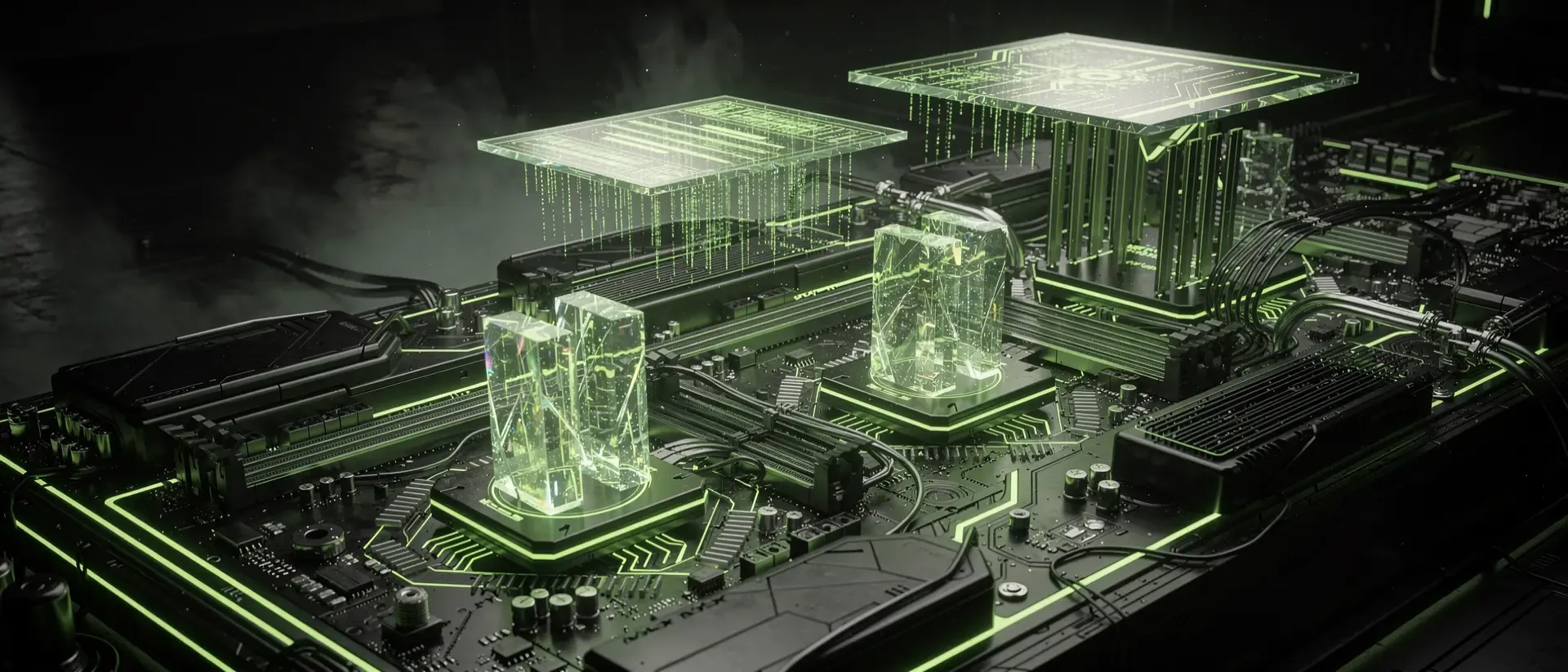 Makroaufnahme einer futuristischen Computerhardware mit leuchtend neongrünen Schaltkreisen, schwebenden holografischen Modulen und dunkler Cyberpunk-Ästhetik.