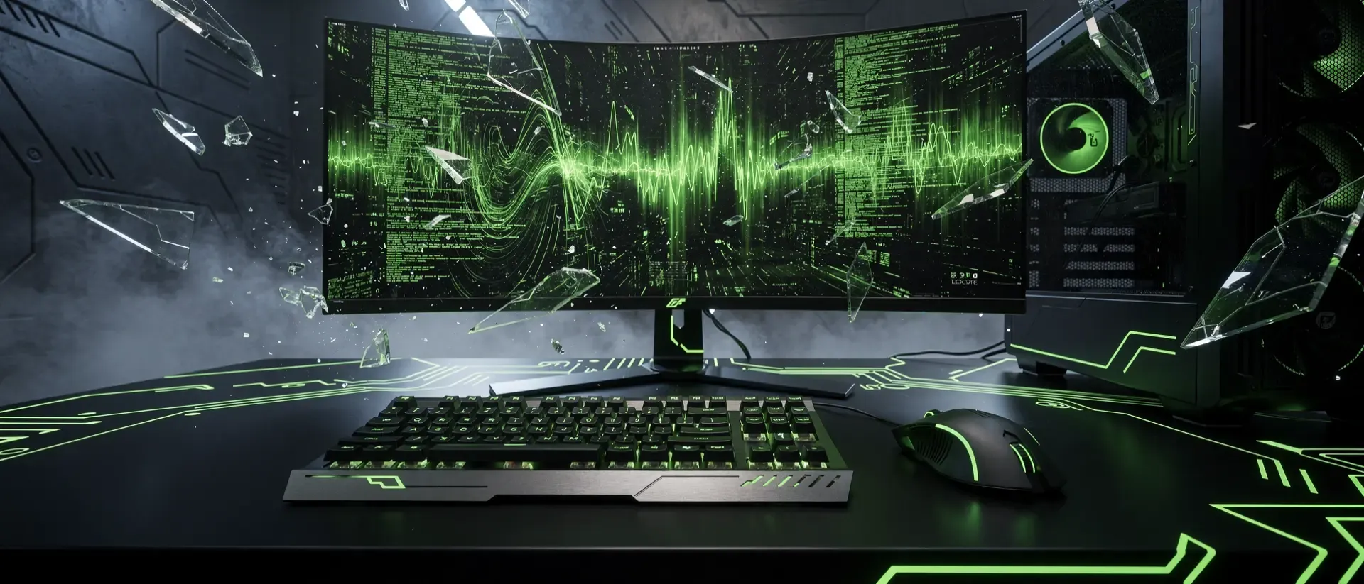 Futuristische Cyberpunk-Gaming-Ecke mit neon-grün leuchtender Tastatur, Maus und einem massiven Curved-Monitor in dunkler, technischer Umgebung.