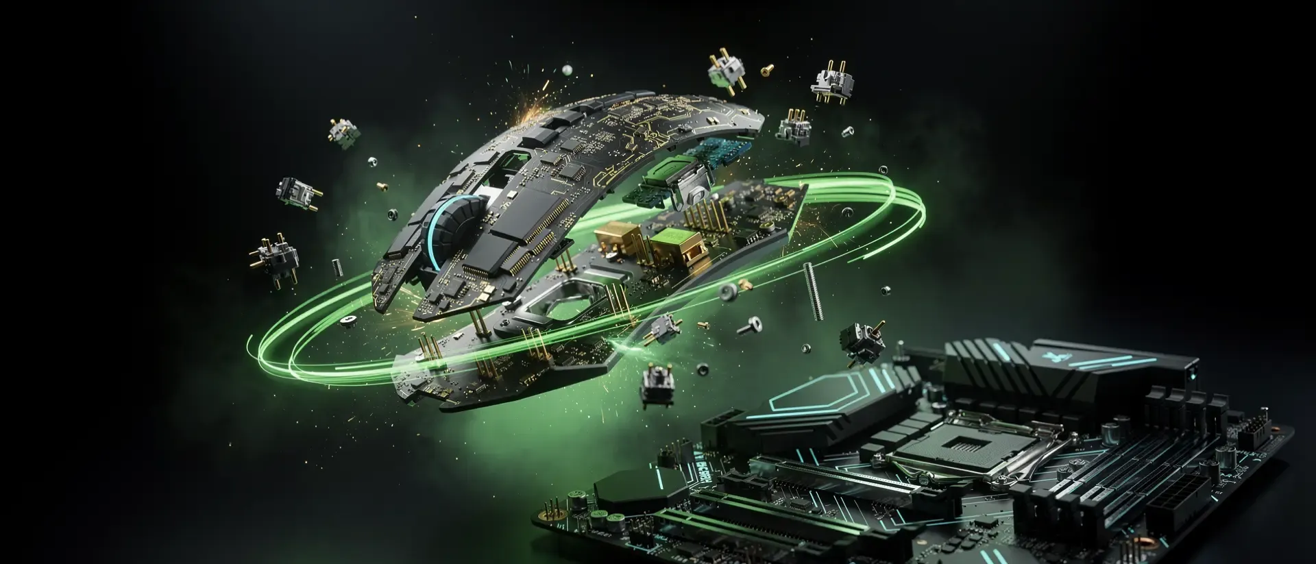 Explodierte Gaming-Maus in einem futuristischen Cyberpunk-Labor mit schwebenden Platinen und leuchtend neongrünen Datenströmen vor schwarzem Hintergrund.