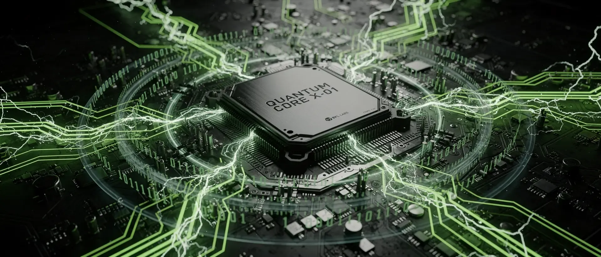 Ein futuristischer CPU-Prozessor in einer dunklen Cyberpunk-Welt mit pulsierenden, neongrünen Schaltkreisen und digitalen Energiewellen.