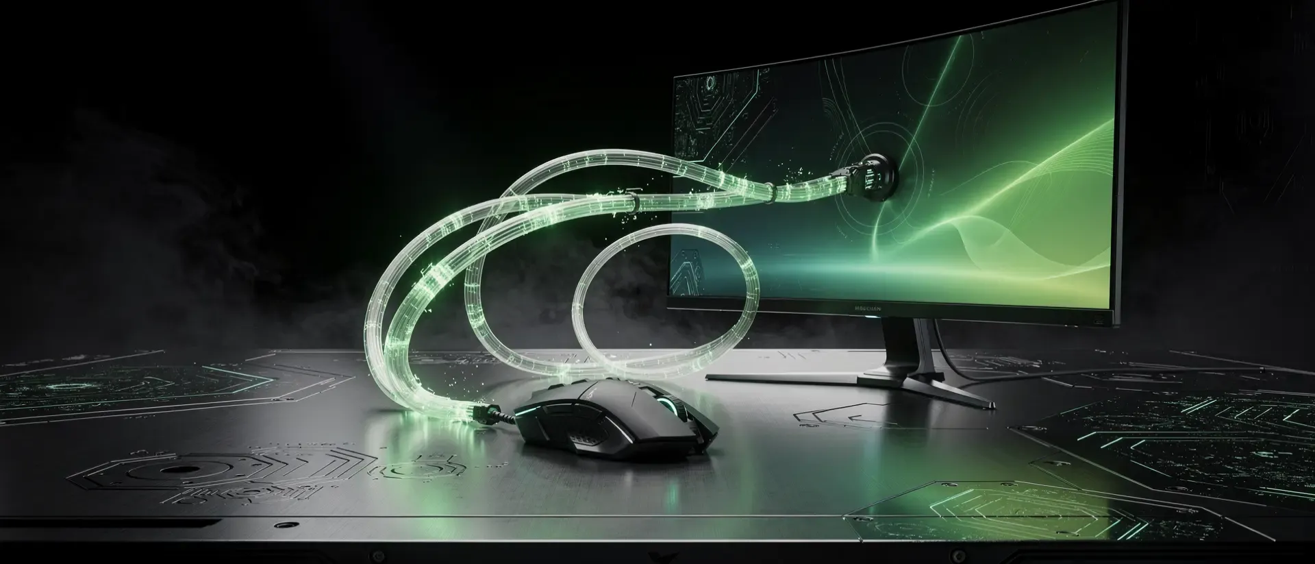 Ein futuristisches Cyberpunk-Labor mit einer Gaming-Maus und einem Monitor, verbunden durch leuchtend neon-grüne Glasfaserkabel in dunkler Atmosphäre.