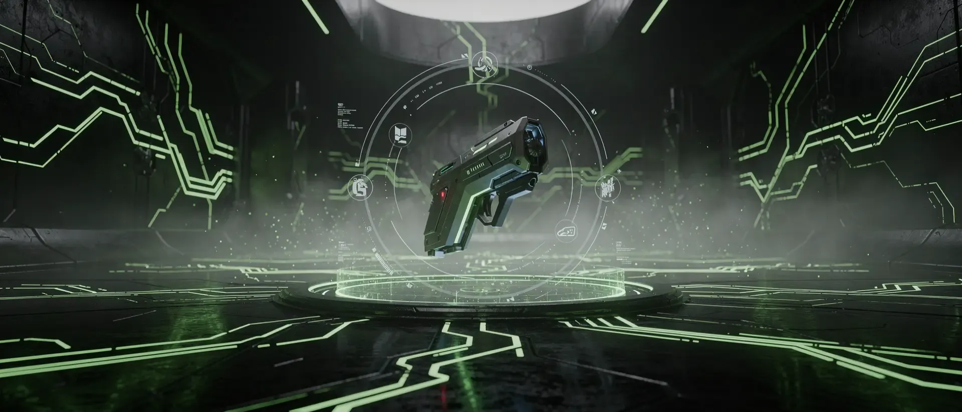 Futuristische Cyberpunk-Gaming-Umgebung in Dunkelobsidian mit leuchtend neongrünen Schaltkreis-Mustern und einem schwebenden High-End-Gaming-Peripheriegerät.