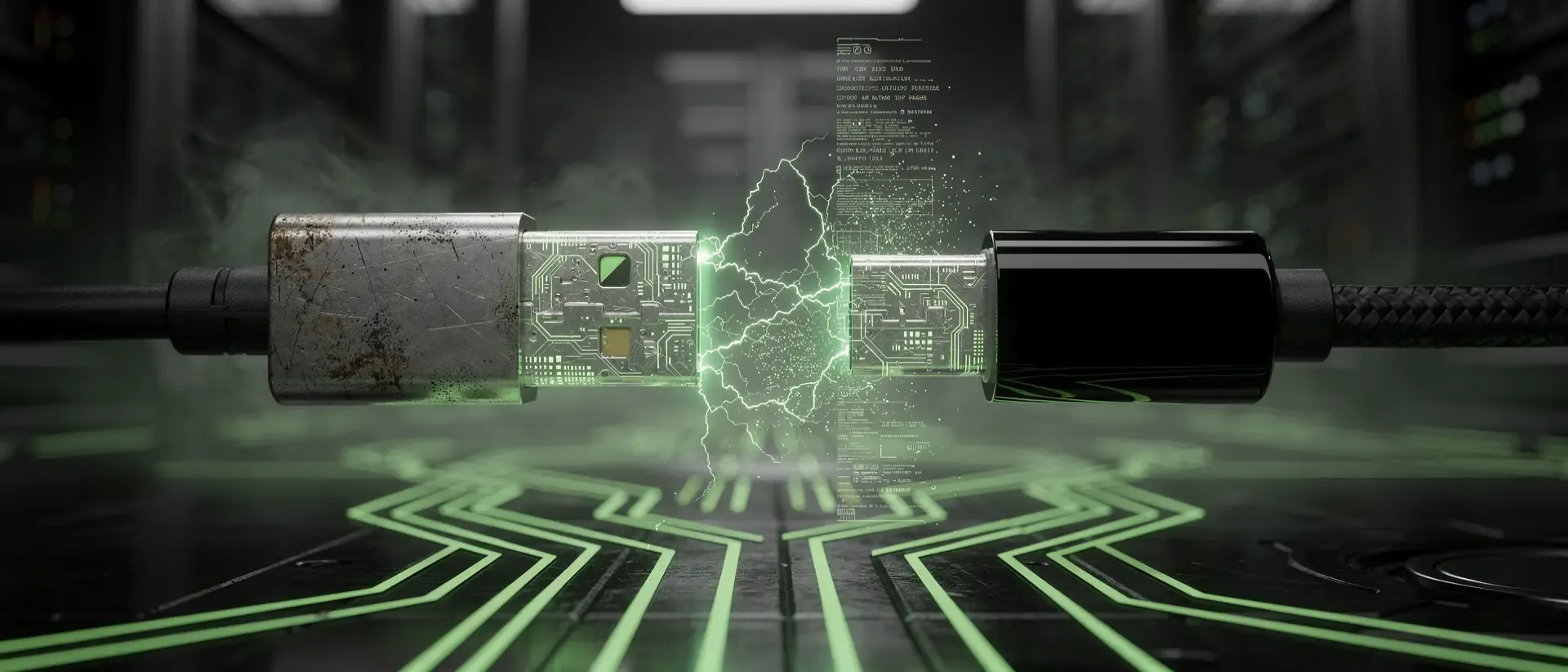 Zwei monumentale, futuristische USB-Stecker kämpfen in einem dunklen Cyberpunk-Stil mit intensiven, neongrünen Energieblitzen und Schaltkreis-Mustern.