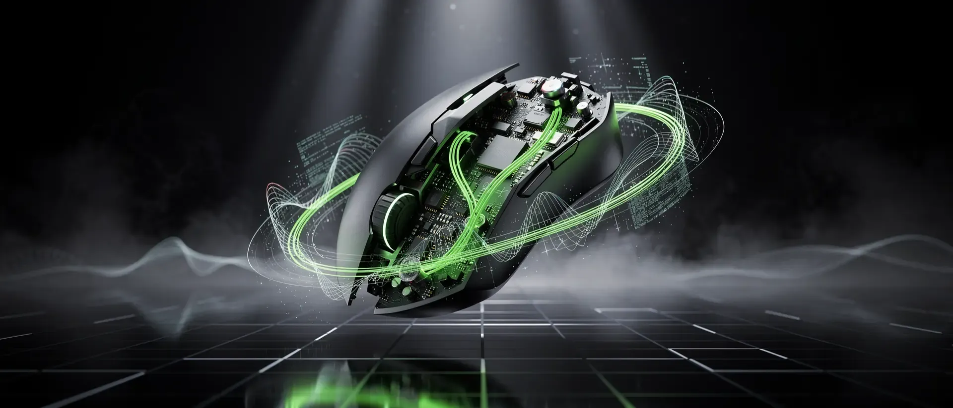 Hochmoderne Gaming-Maus in einem schwebenden Stasefeld in einem futuristischen Cyberpunk-Labor mit leuchtend grünen Energiepulsen und Hologrammen.