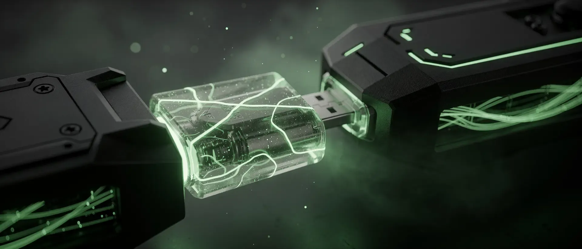 Nahaufnahme eines durchscheinenden, geflochtenen USB-C-Kabels, durch das neon-grüne Energiepulse zwischen zwei mattschwarzen Cyberpunk-Geräten fließen.
