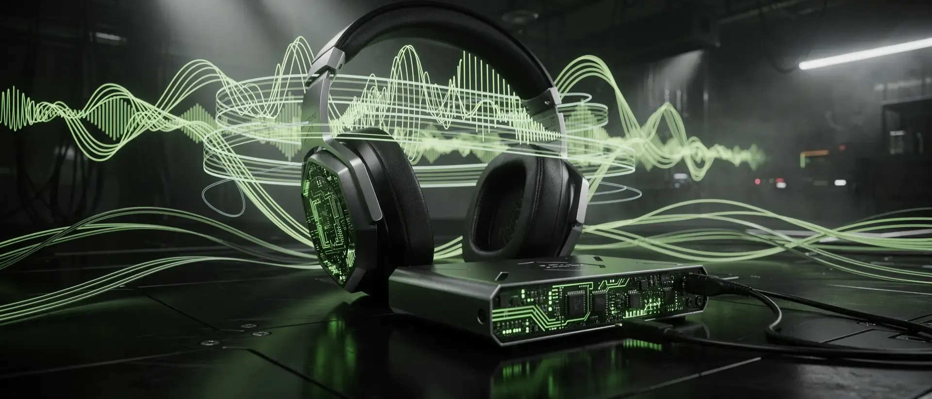 Nahaufnahme eines futuristischen Gaming-Headsets mit neongrünen Lichtimpulsen und einem USB-C-Kabel vor tiefschwarzem Hintergrund im Cyberpunk-Stil.