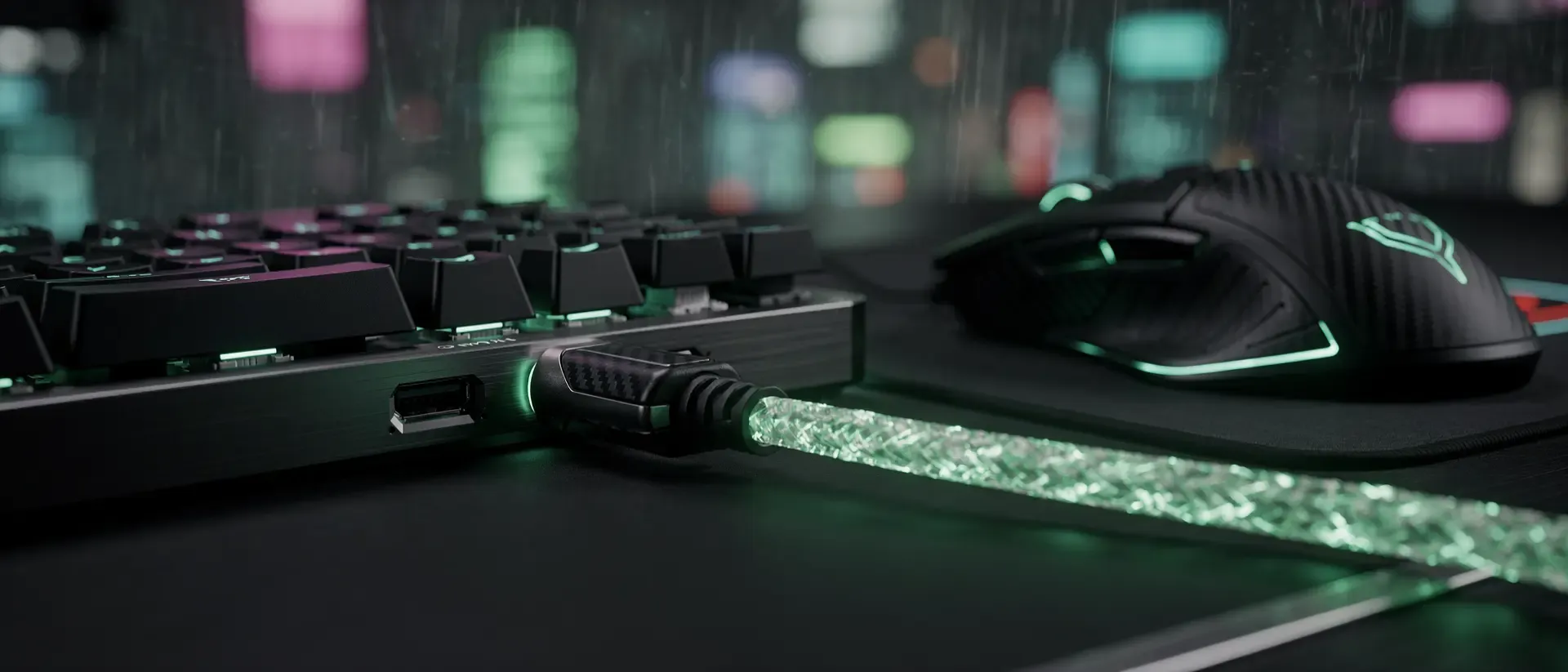 Nahaufnahme eines futuristischen Cyberpunk-Gaming-Setups mit einem leuchtend neongrünen USB-C-Kabel und pulsierenden Schaltkreismustern in dunkler Atmosphäre.