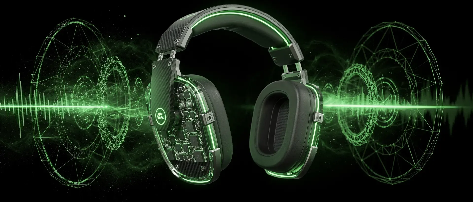 Extremer Nahaufnahmeshot eines futuristischen Gaming-Headsets aus Carbon mit leuchtend neon-grüner Elektronik und holografischen Schallwellen im Dunkeln.