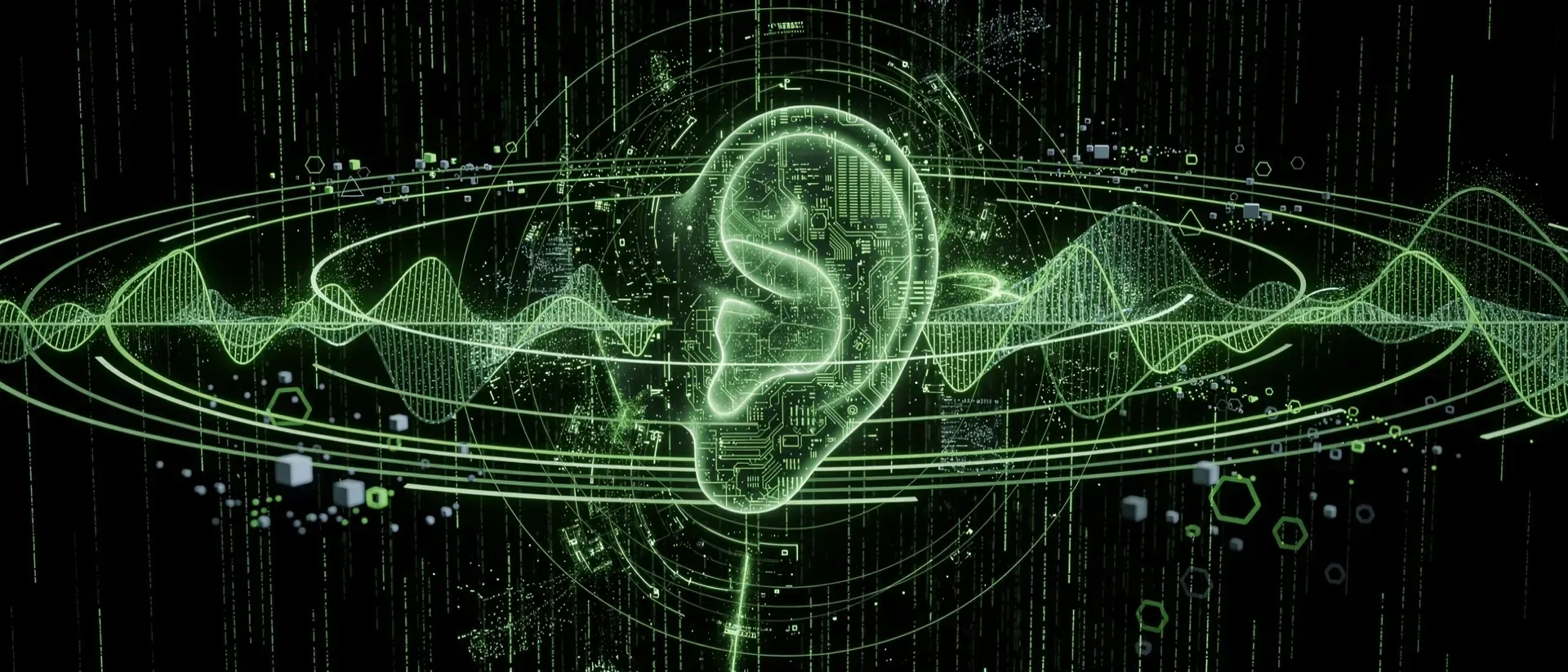 Eine futuristische, neon-grüne Hologramm-Darstellung eines menschlichen Ohrs inmitten pulsierender Schallwellen und digitaler Datenströme im Cyberpunk-Stil.